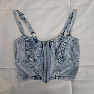 Denim Print Corset Style Zipper Top
